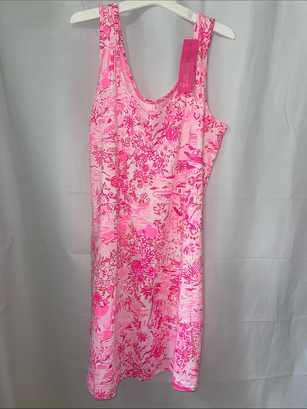 Lilly Pulitzer Newberri Tank Dress, Peony Pink Seaside Scene.  NWT Sz L